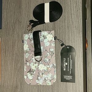 Floral Phone Wallet with Strap - Black and Pink